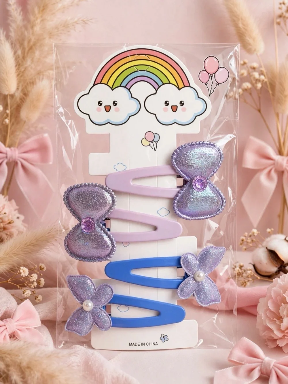Kids Cute Flower & Bow Hair Clip Set - Pink, Purple, Blue, Green, Orange, Yellow